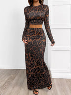 Leopard Round Neck Top and Skirt Set | Outfit Sets Top and Skirt Set from PHUNKYN