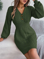 Buttoned Cable-Knit V-Neck Sweater Dress | Dresses Sweater Dress from PHUNKYN