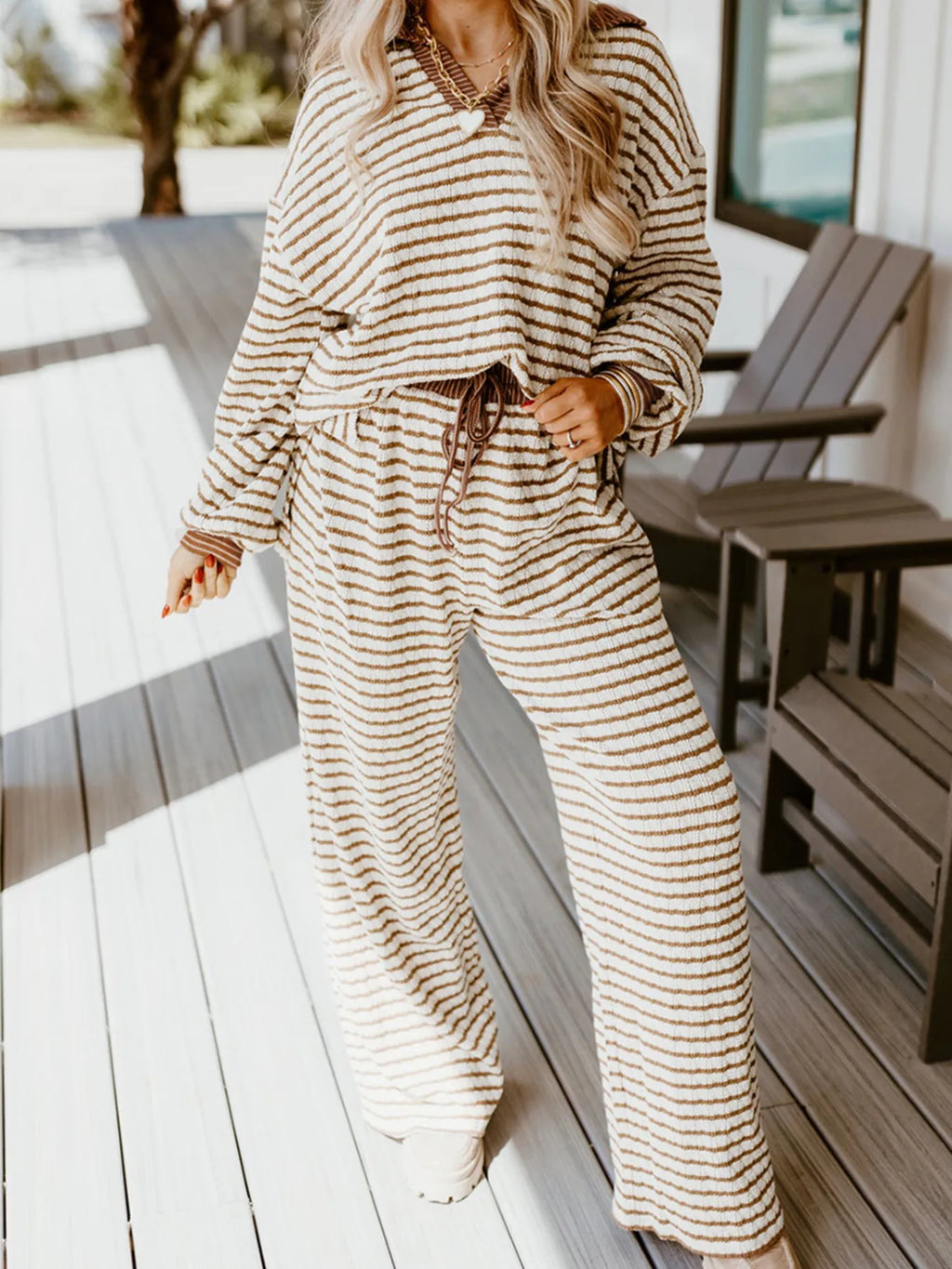 Stripe Collared Top and Drawstring Pant Set | Outfit Sets Top and Pants Set from PHUNKYN