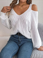 Cable-Knit Cold Shoulder Long Sleeve Sweater | Sweaters Sweater from PHUNKYN