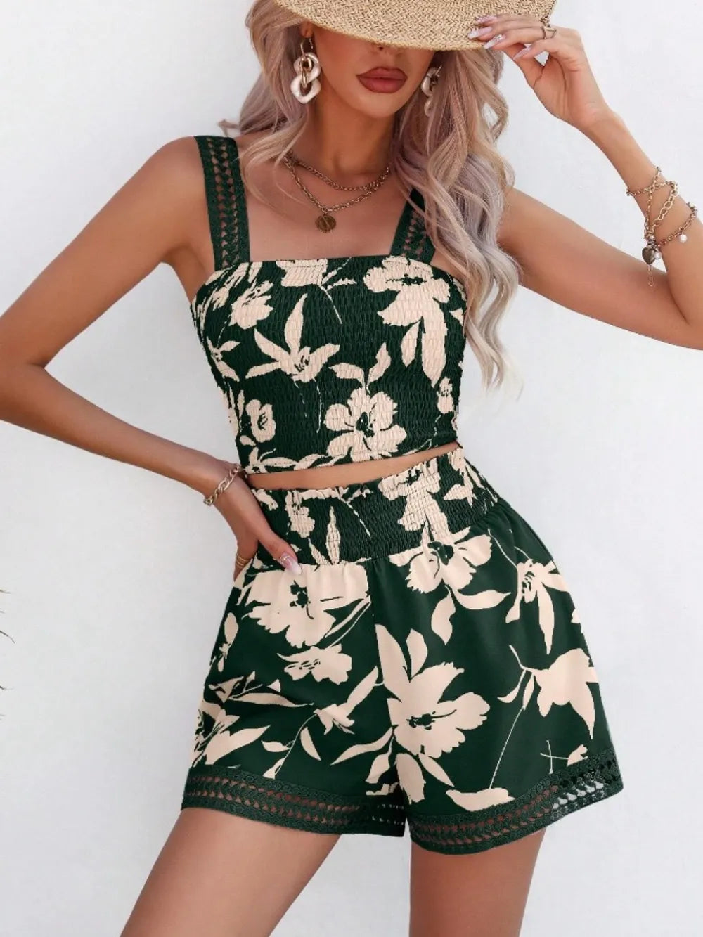 Smocked Printed Square Neck Top and Shorts Set | Outfit Sets Top and shorts from PHUNKYN