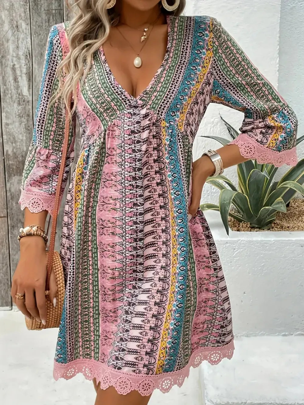 Lace Trim Printed V-Neck 3/4 Sleeve Dress | Dresses Dress from PHUNKYN