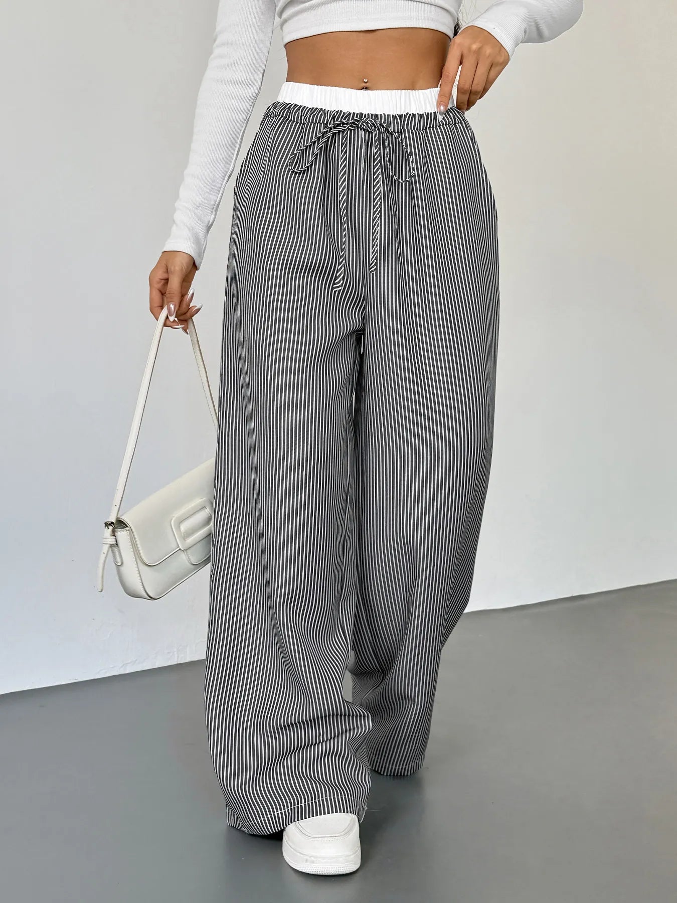 Striped Wide Leg Drawstring Pants | Trousers Wide Leg Pants from PHUNKYN
