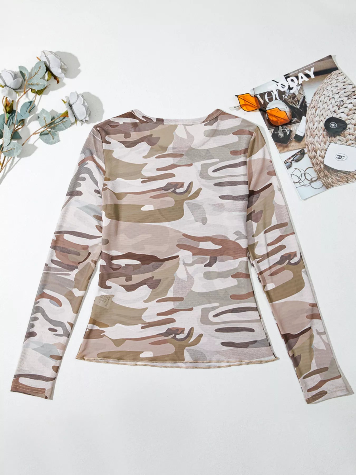 Camouflage Print Mesh Long Sleeve Top | Shirts Top from PHUNKYN
