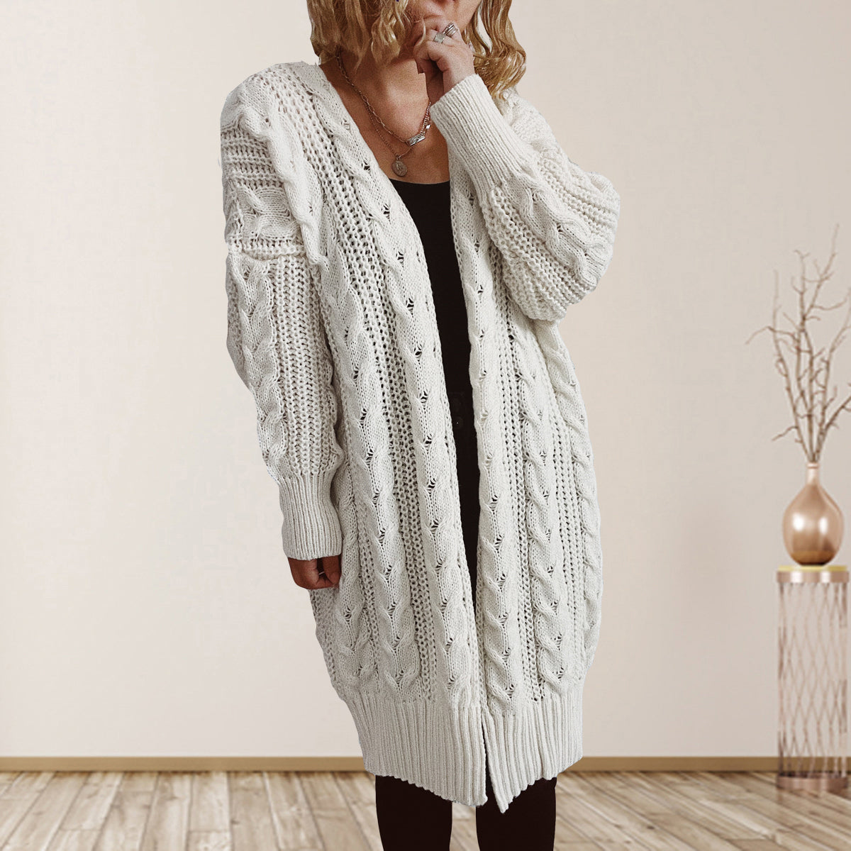 Cable-Knit Open Front Dropped Shoulder Cardigan | Cardigans Cardigan from PHUNKYN