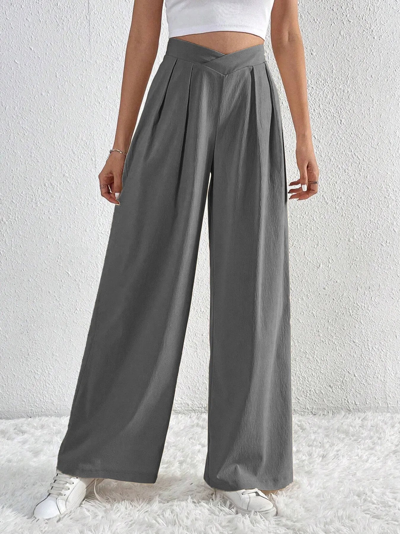V-Waisted Ruched Front Wide Leg Pants | Trousers Wide Leg Pants from PHUNKYN