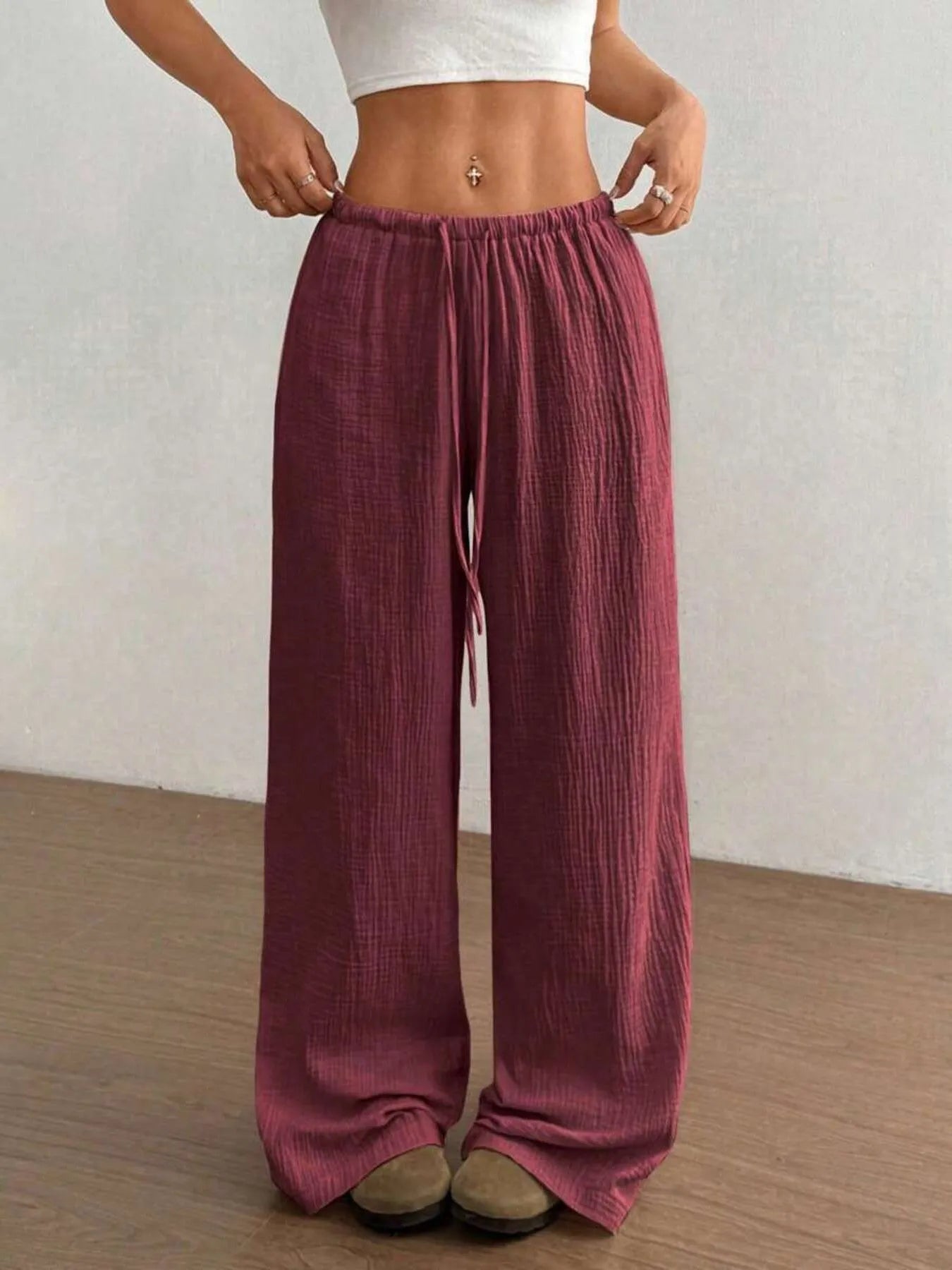 Wide Leg Drawstring Casual Pants | Trousers Wide Leg Pants Set from PHUNKYN
