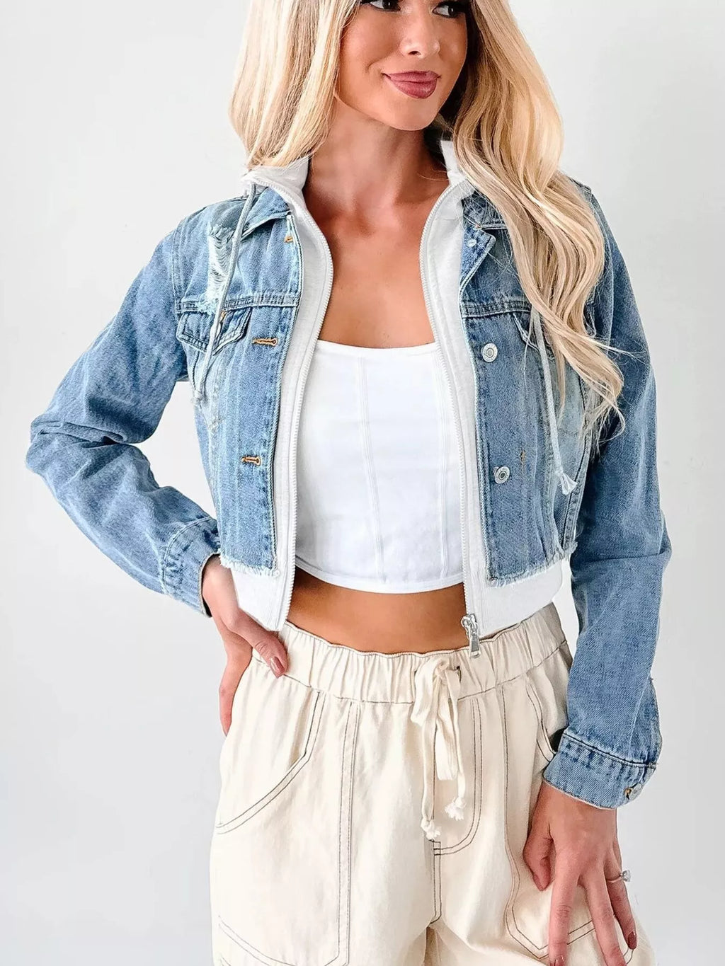 Distressed Zip Up Cropped Hooded Denim Jacket | Jacket from PHUNKYN