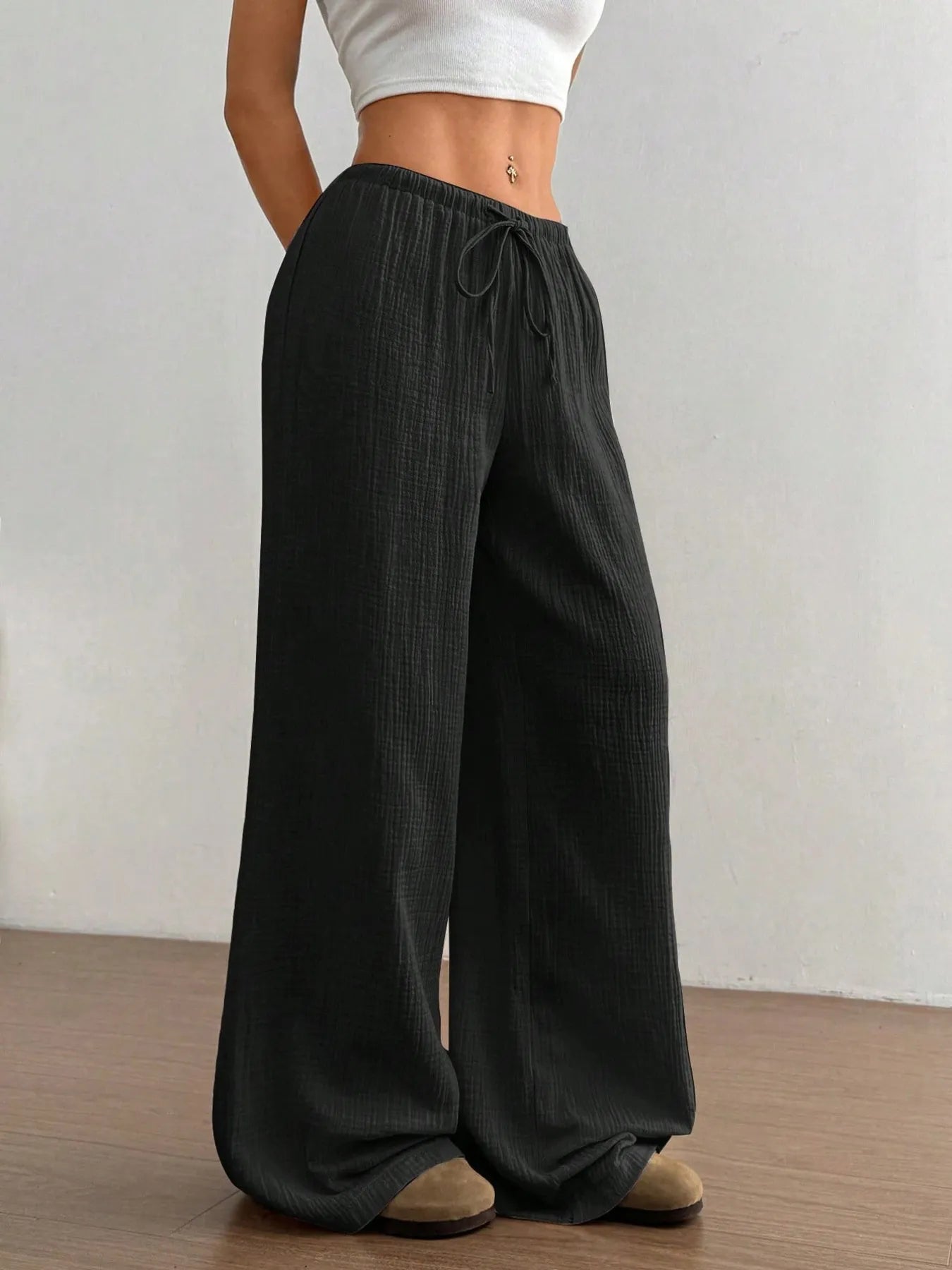 Drawstring Wide-Leg Casual Pants | Trousers Wide Leg Pants from PHUNKYN