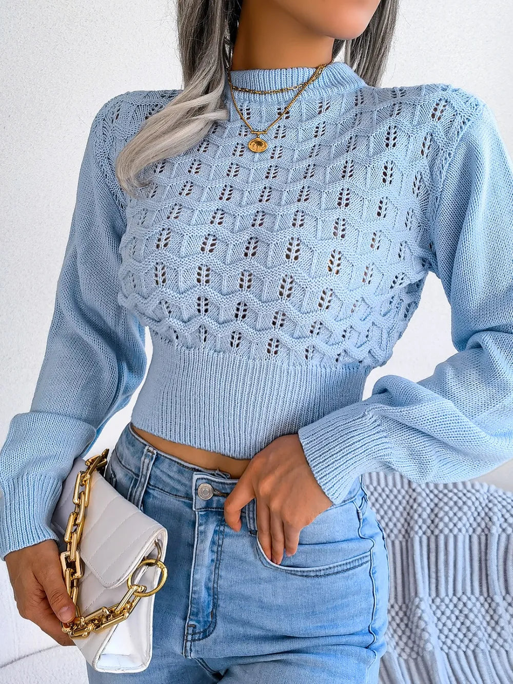 Openwork Mock Neck Long Sleeve Cropped Sweater | Sweaters Sweater from PHUNKYN