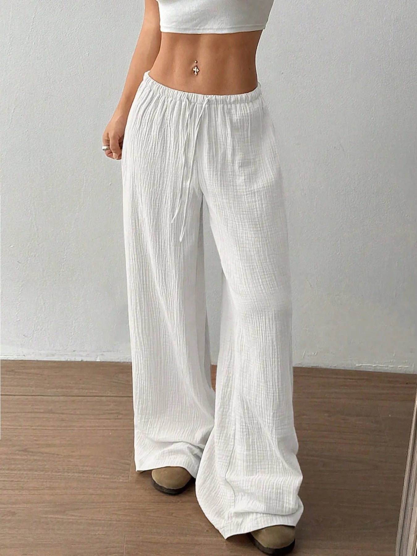 Drawstring Wide-Leg Casual Pants | Trousers Wide Leg Pants from PHUNKYN