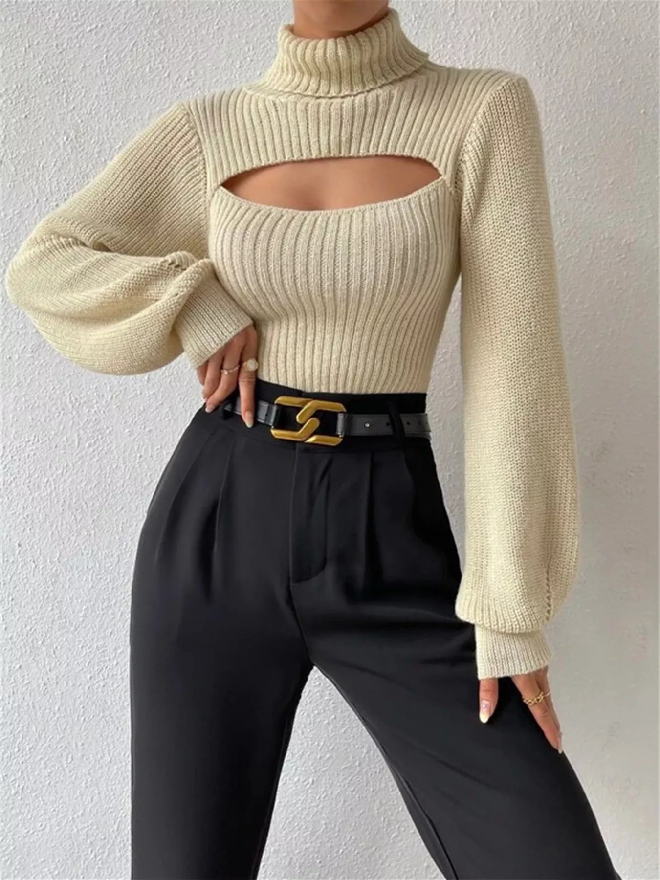Cutout Front Turtleneck Long Sleeve Sweater | Sweaters Sweater from PHUNKYN
