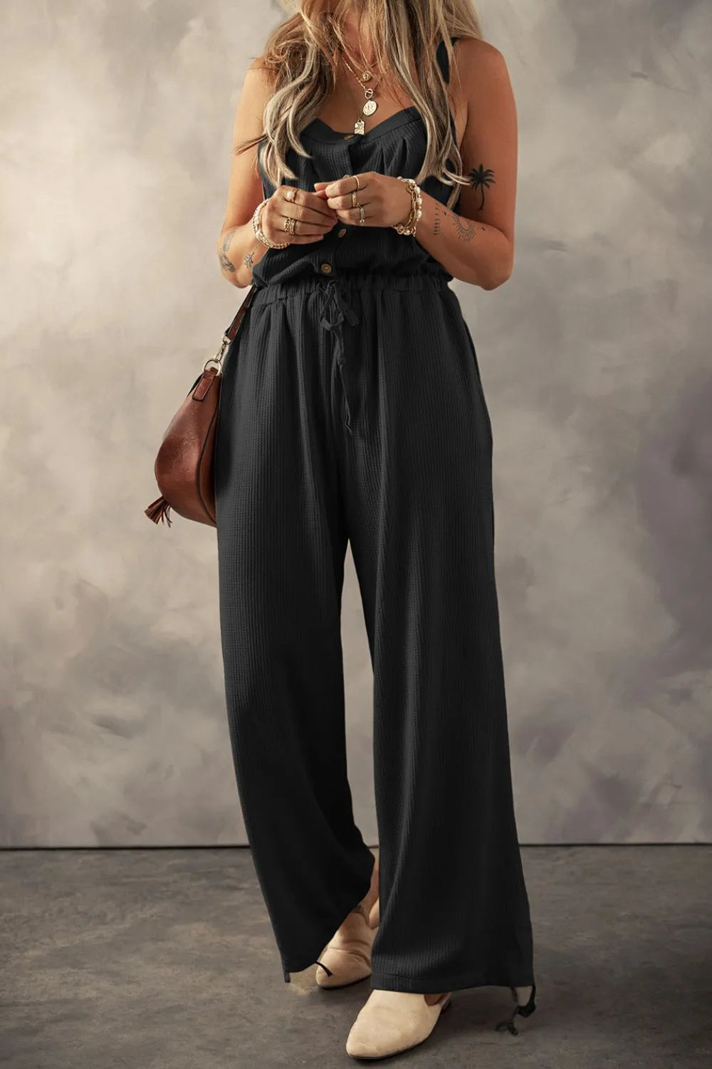 Knotted Straps Button Textured Drawstring Jumpsuit | One-Pieces Jumpsuit from PHUNKYN