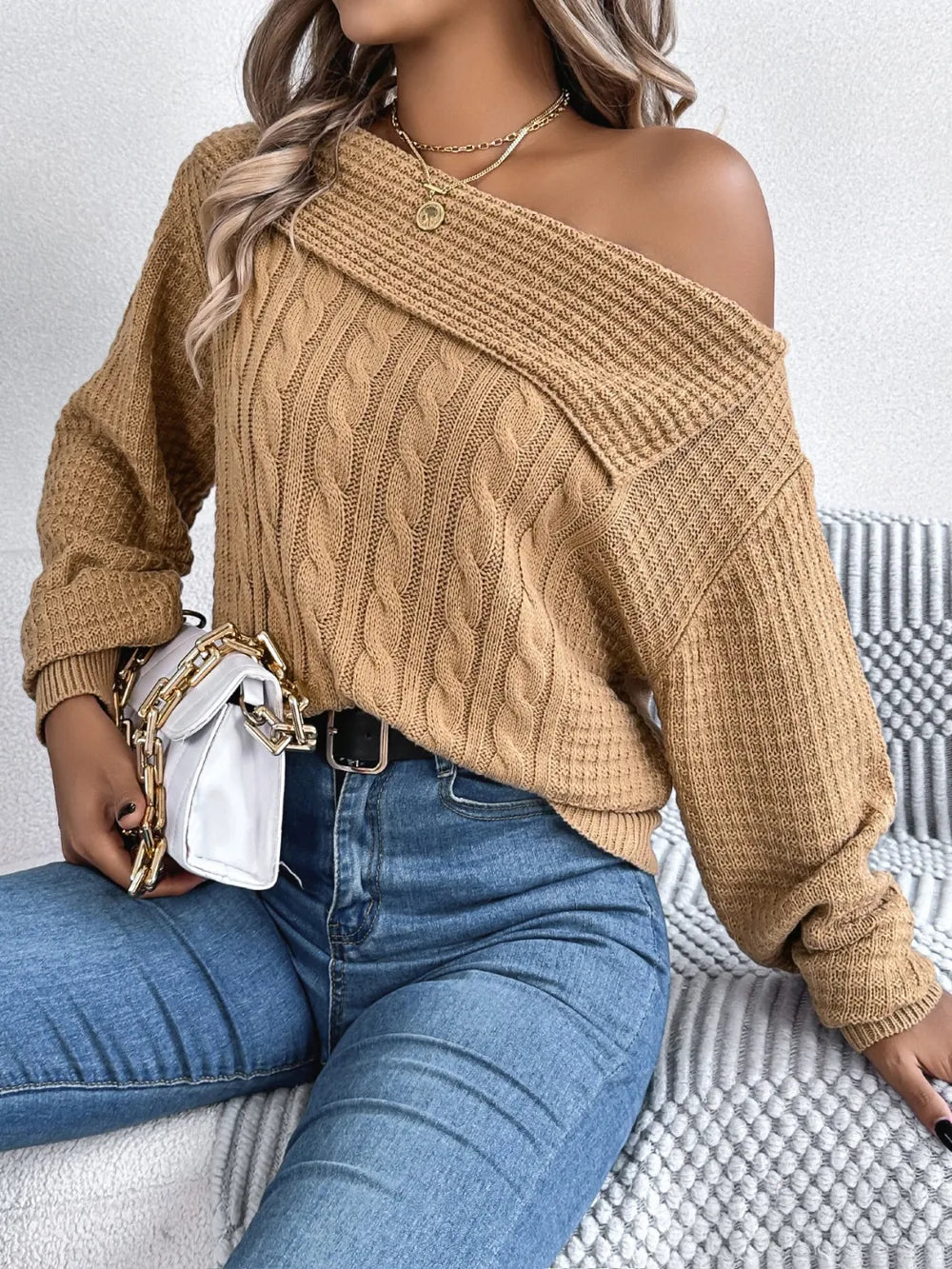 Cable-Knit One Shoulder Long Sleeve Sweater | Sweaters Sweater from PHUNKYN