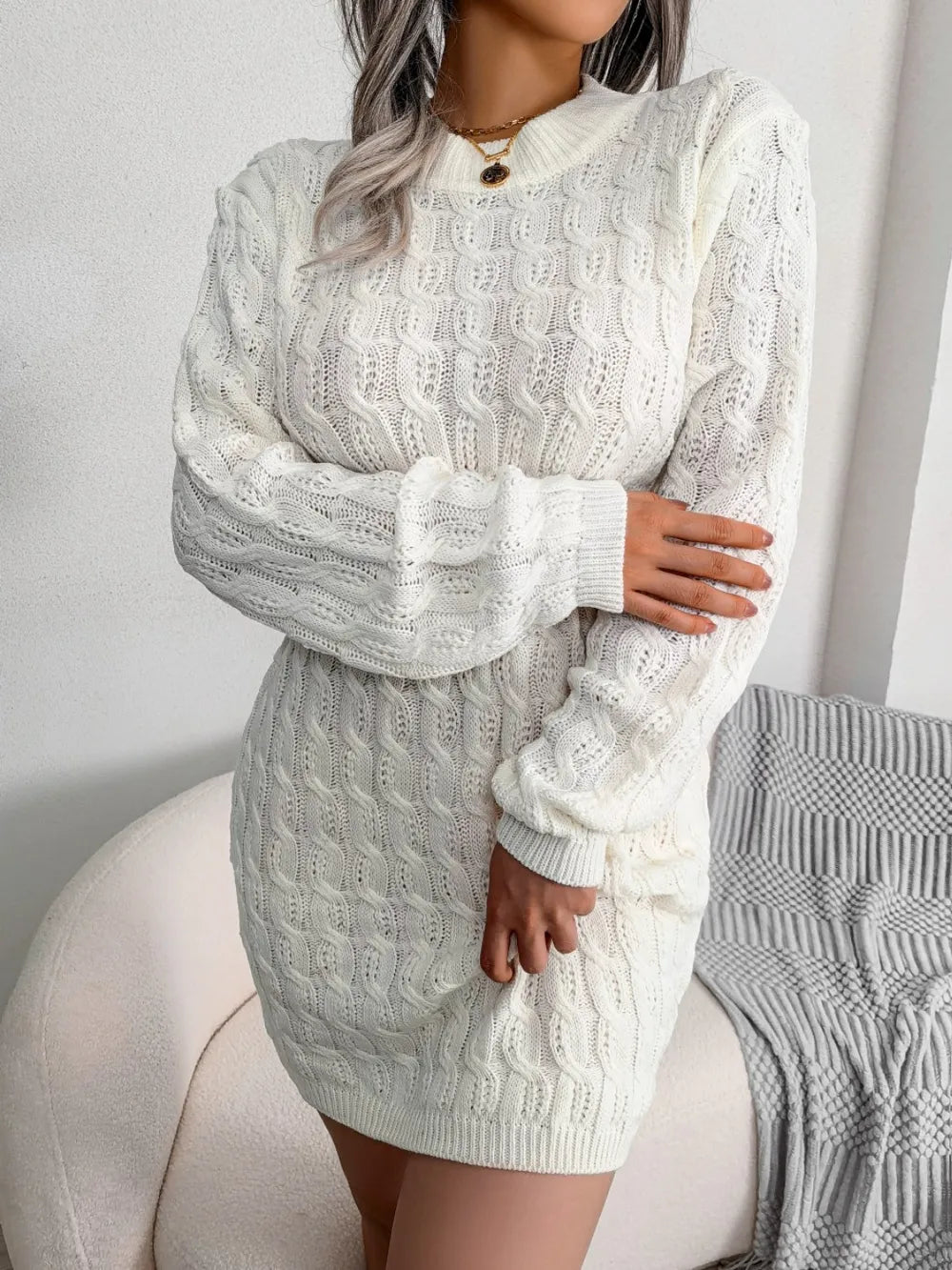 Cable-Knit Round Neck Mini Wrap Sweater Dress | Dresses Sweater Dress from PHUNKYN