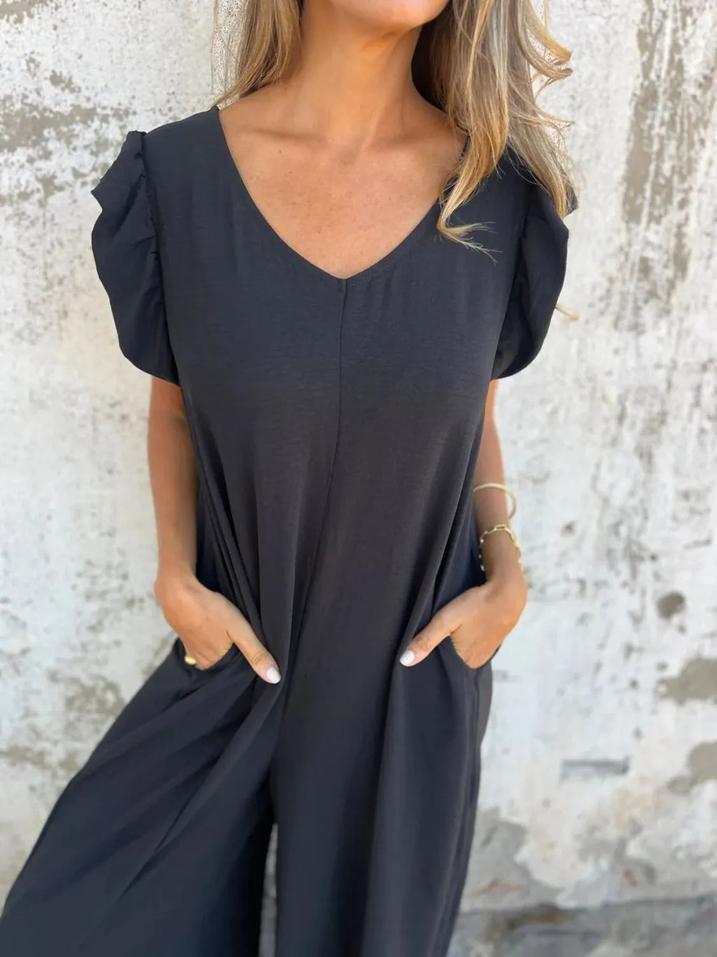 Full Size V-Neck Cap Sleeve Wide Leg Jumpsuit Plus Size | One-Pieces Jumpsuit from PHUNKYN