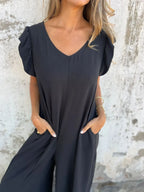 Full Size V-Neck Cap Sleeve Wide Leg Jumpsuit Plus Size | One-Pieces Jumpsuit from PHUNKYN