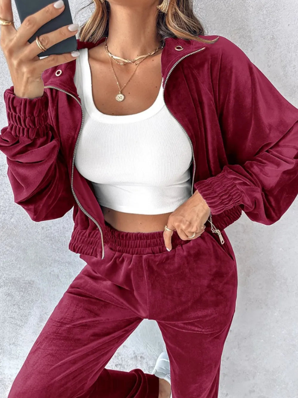 Zip Up Long Sleeve Cropped Top and Joggers Set | Outfit Sets Top and Pants Set from PHUNKYN
