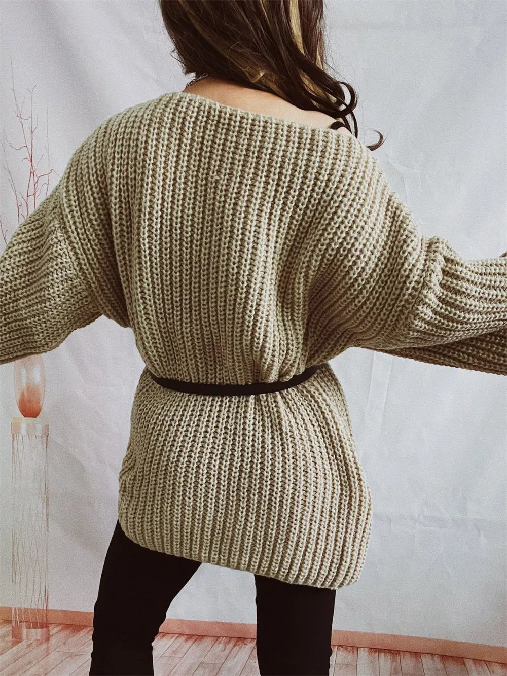 Boat Neck Long Sleeve Sweater with Belt | Sweaters Sweater from PHUNKYN