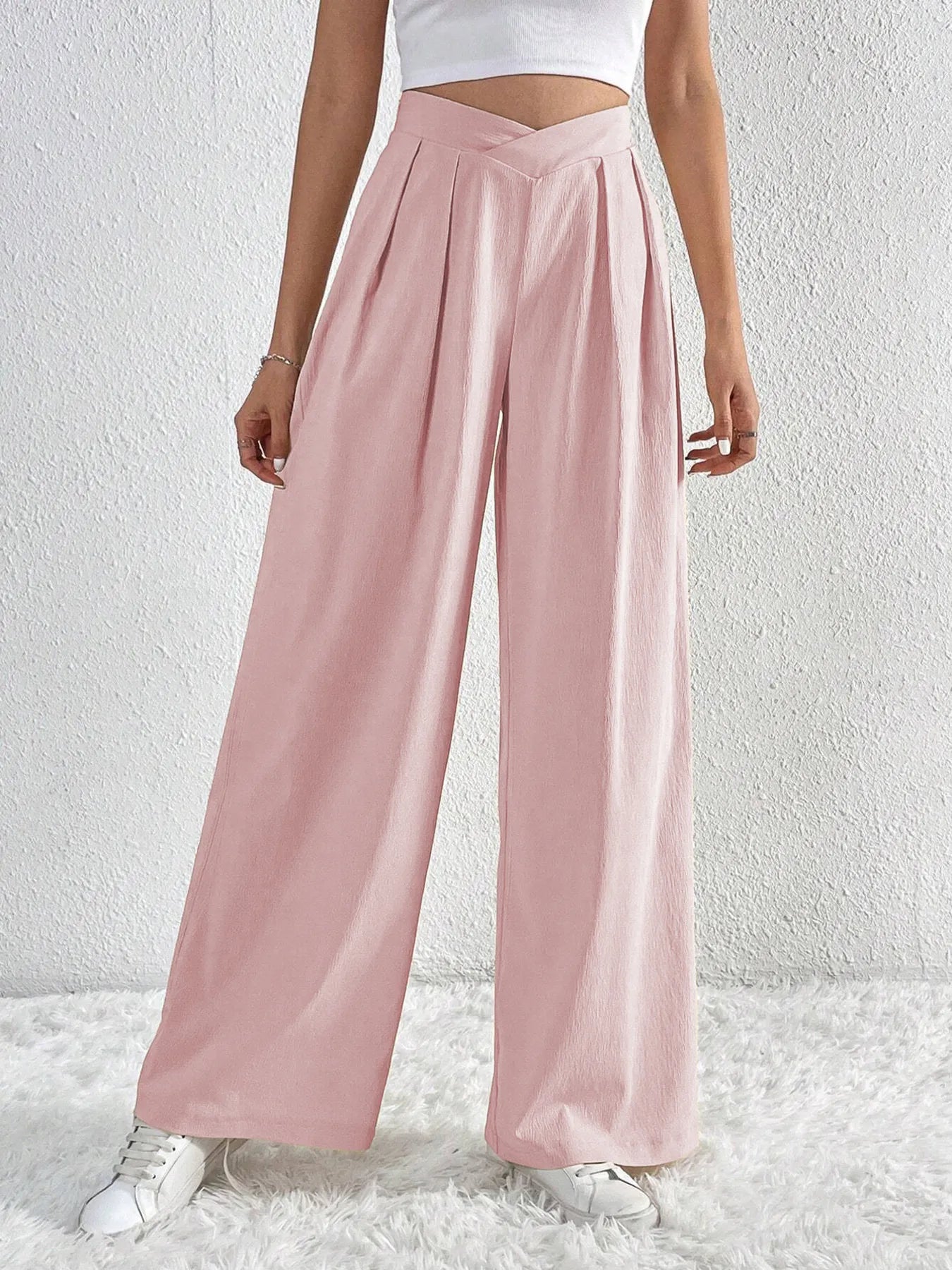 V-Waisted Ruched Front Wide Leg Pants | Trousers Wide Leg Pants from PHUNKYN