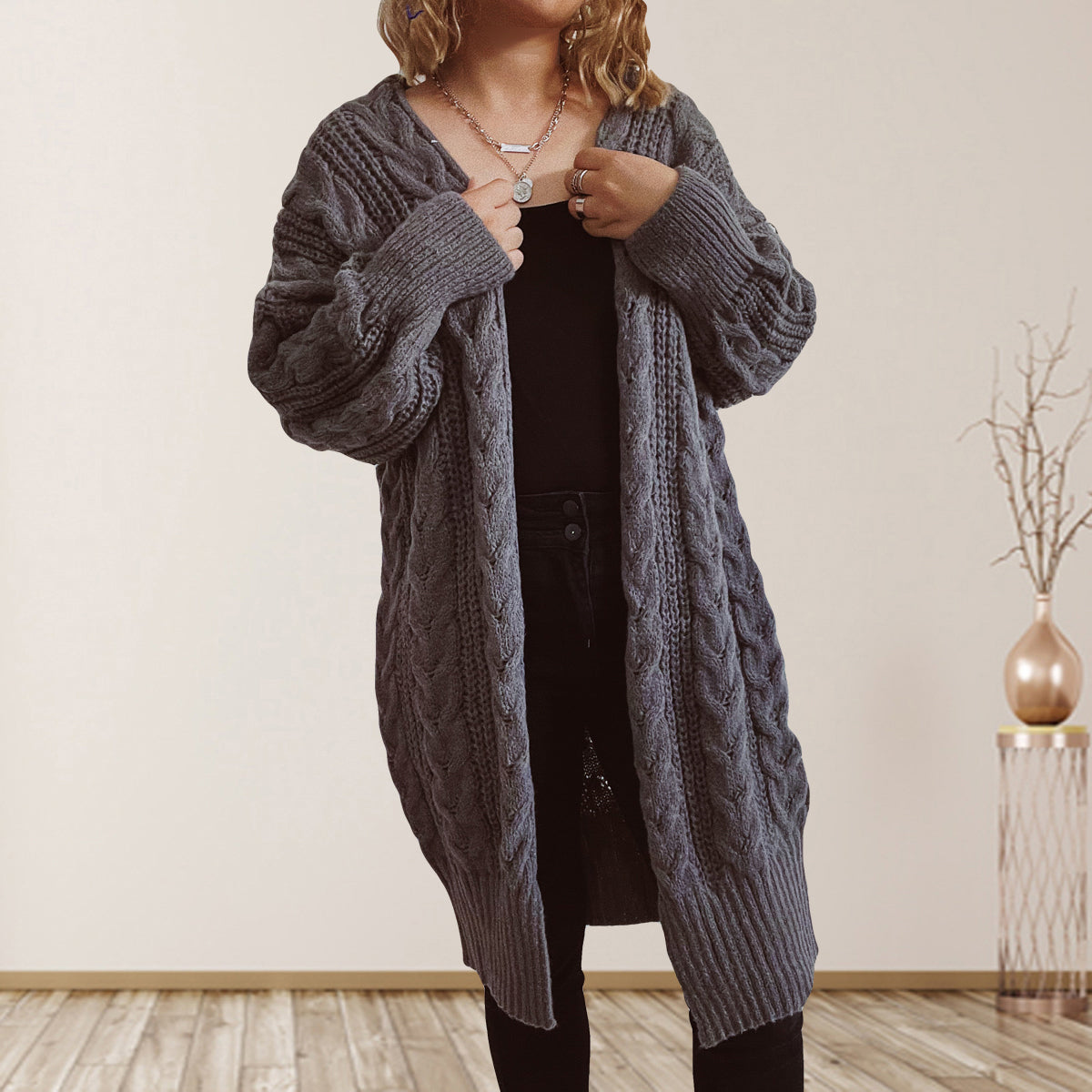 Cable-Knit Open Front Dropped Shoulder Cardigan | Cardigans Cardigan from PHUNKYN