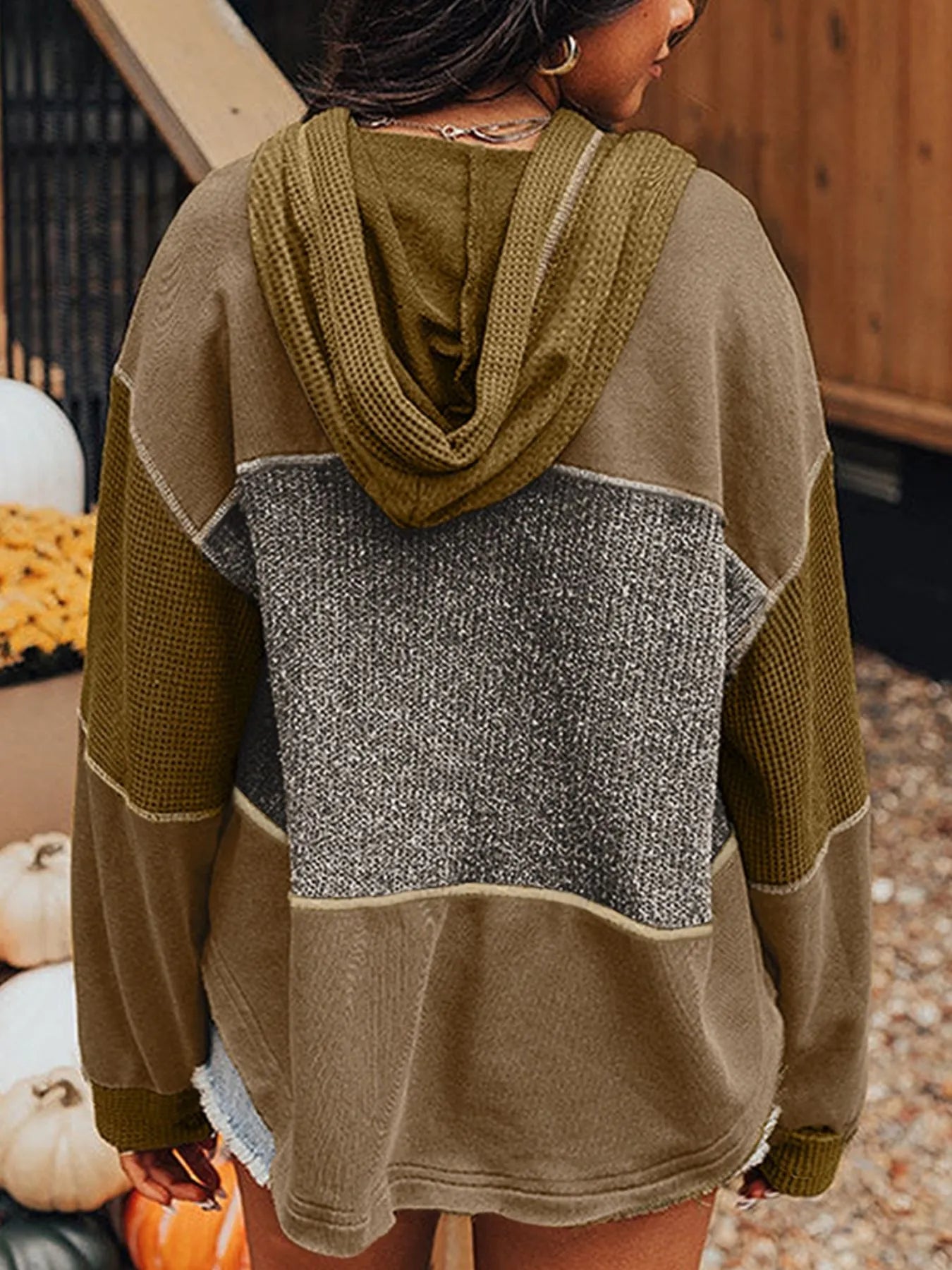 Mixed Texture Patchwork Exposed Seam Half Button Hoodie | Hoodies Hoodie from PHUNKYN