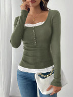 Lace Detail Long Sleeve Ribbed Top | Sweaters Top from PHUNKYN