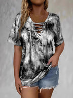 Tie Dye Lace-Up V-Neck Casual T-Shirt | T-Shirts T-Shirt from PHUNKYN