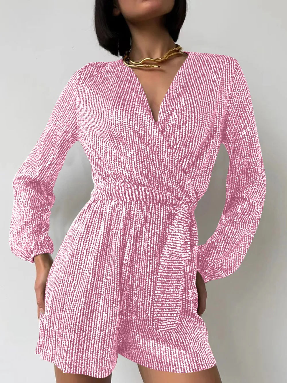 Full Size Sequin Surplice Tie Waist Long Sleeve Romper | Dresses Romper from PHUNKYN