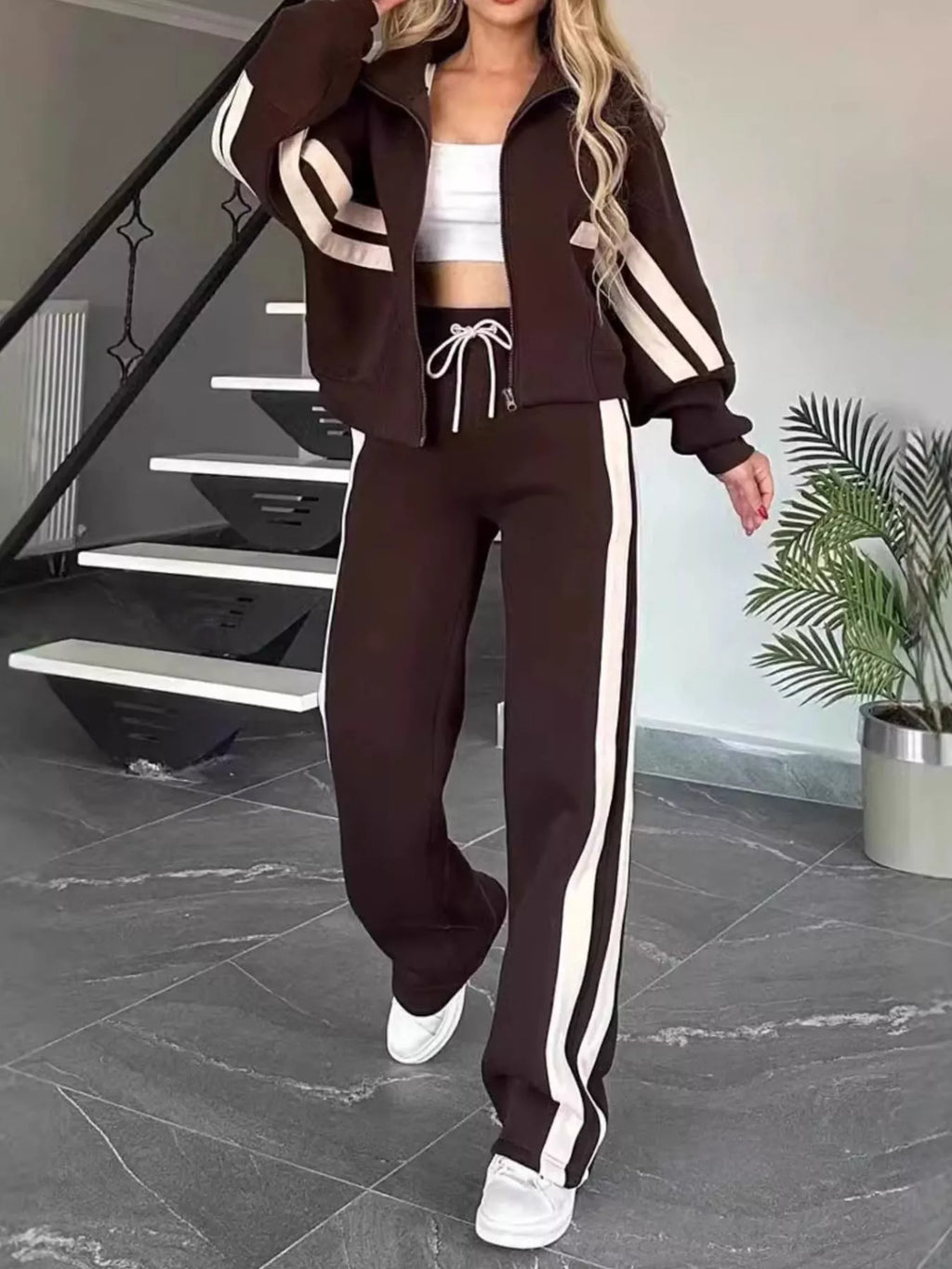 Contrast Stripe Zip Up Jacket and Pants Set | Outfit Sets Top and Pants Set from PHUNKYN