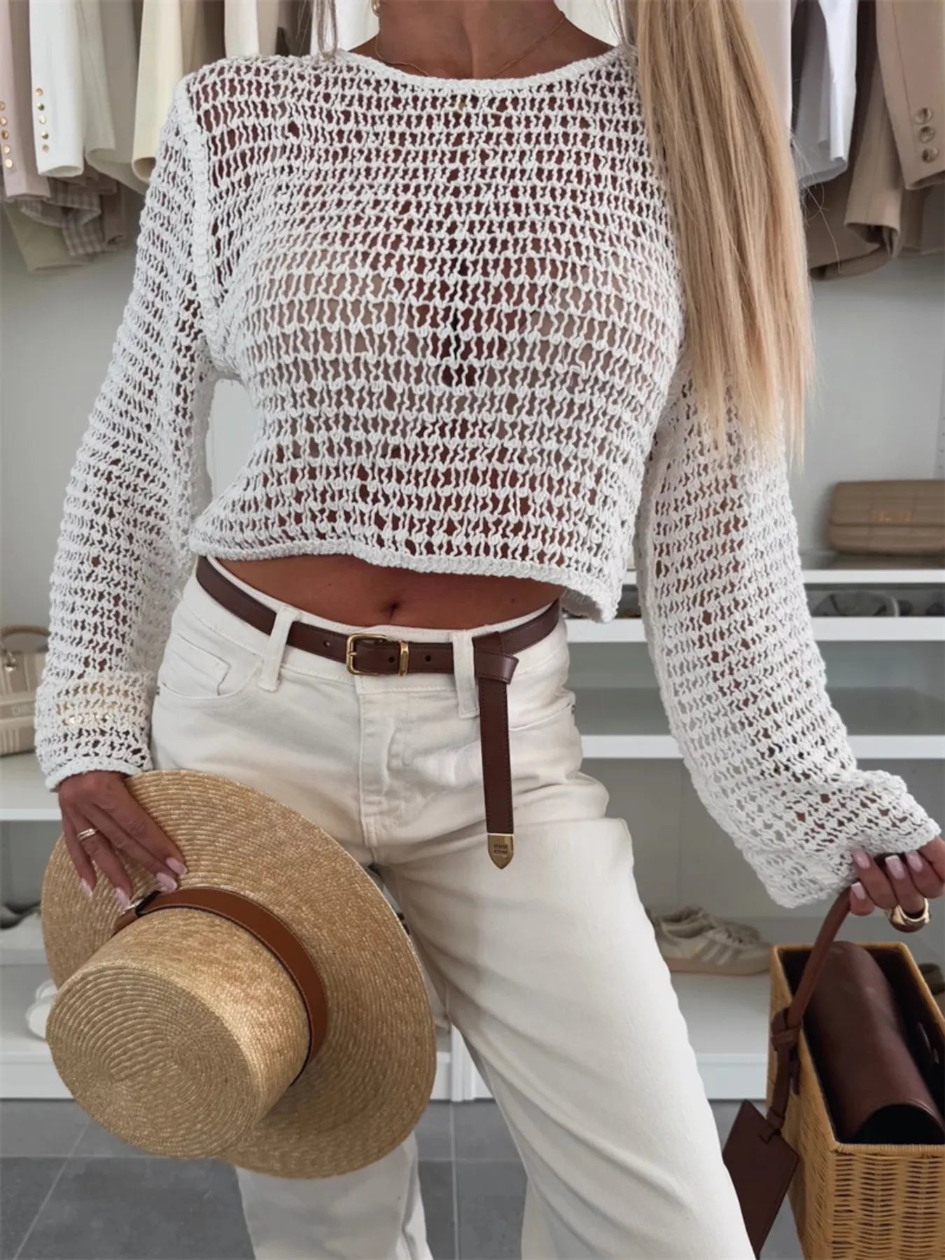 Openwork Round Neck Knit Cover Top | Sweaters Sweater from PHUNKYN