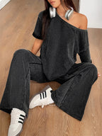 Boat Neck Top and Wide Leg Pants Set | Outfit Sets Top and Pants Set from PHUNKYN