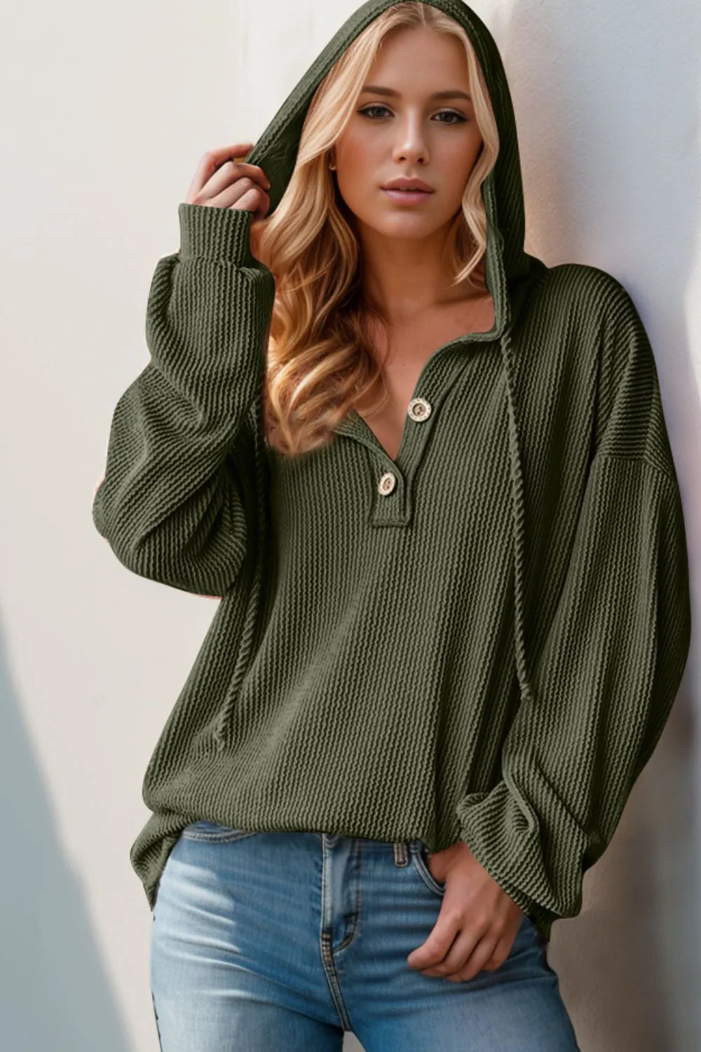 Half Button Long Sleeve Hoodie | Hoodies Women's Top from PHUNKYN