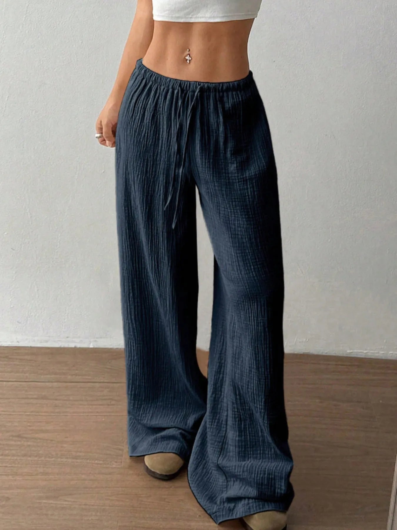 Wide Leg Drawstring Casual Pants | Trousers Wide Leg Pants Set from PHUNKYN