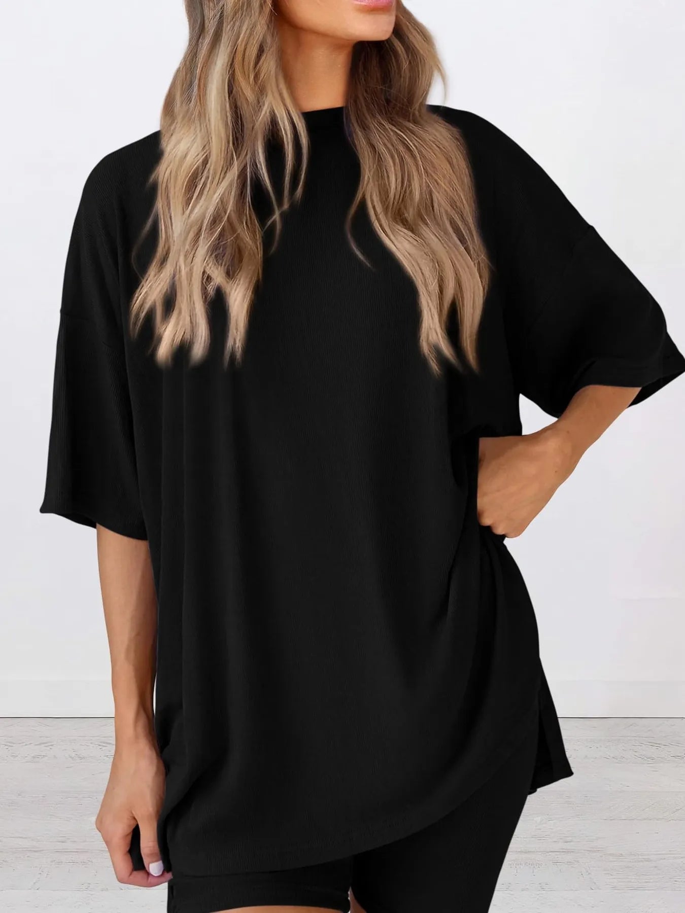 Oversized Slit Round Neck Top and Shorts Lounge Set | Outfit Sets Top and Shorts from PHUNKYN