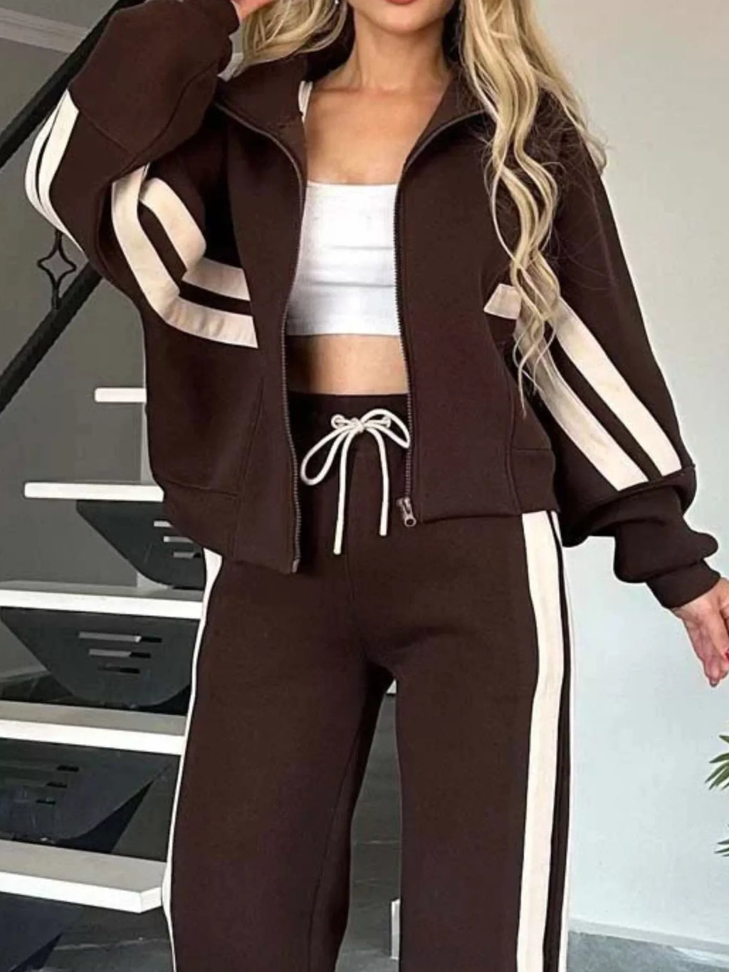 Contrast Stripe Zip Up Jacket and Pants Set | Outfit Sets Top and Pants Set from PHUNKYN