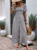Ditsy Floral Smocked Square Neck Puff Sleeve Jumpsuit | One-Pieces Jumpsuit from PHUNKYN