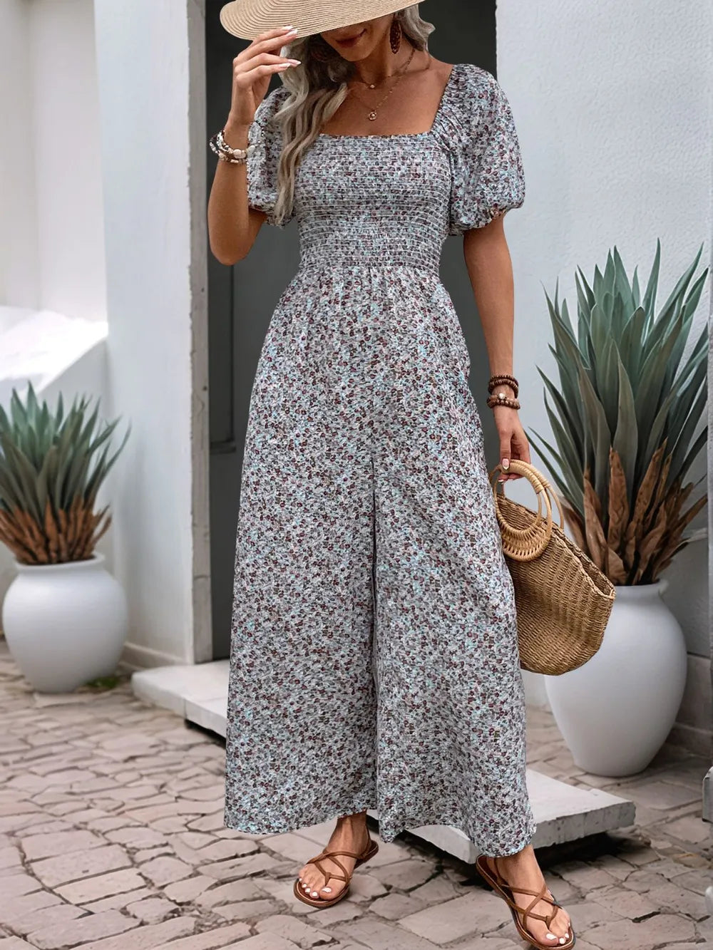 Ditsy Floral Smocked Square Neck Puff Sleeve Jumpsuit | One-Pieces Jumpsuit from PHUNKYN