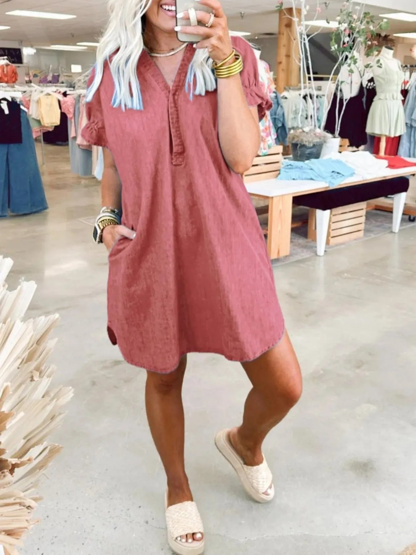 V-Neck Short Sleeve Denim Dress | Dresses Denim Dress from PHUNKYN