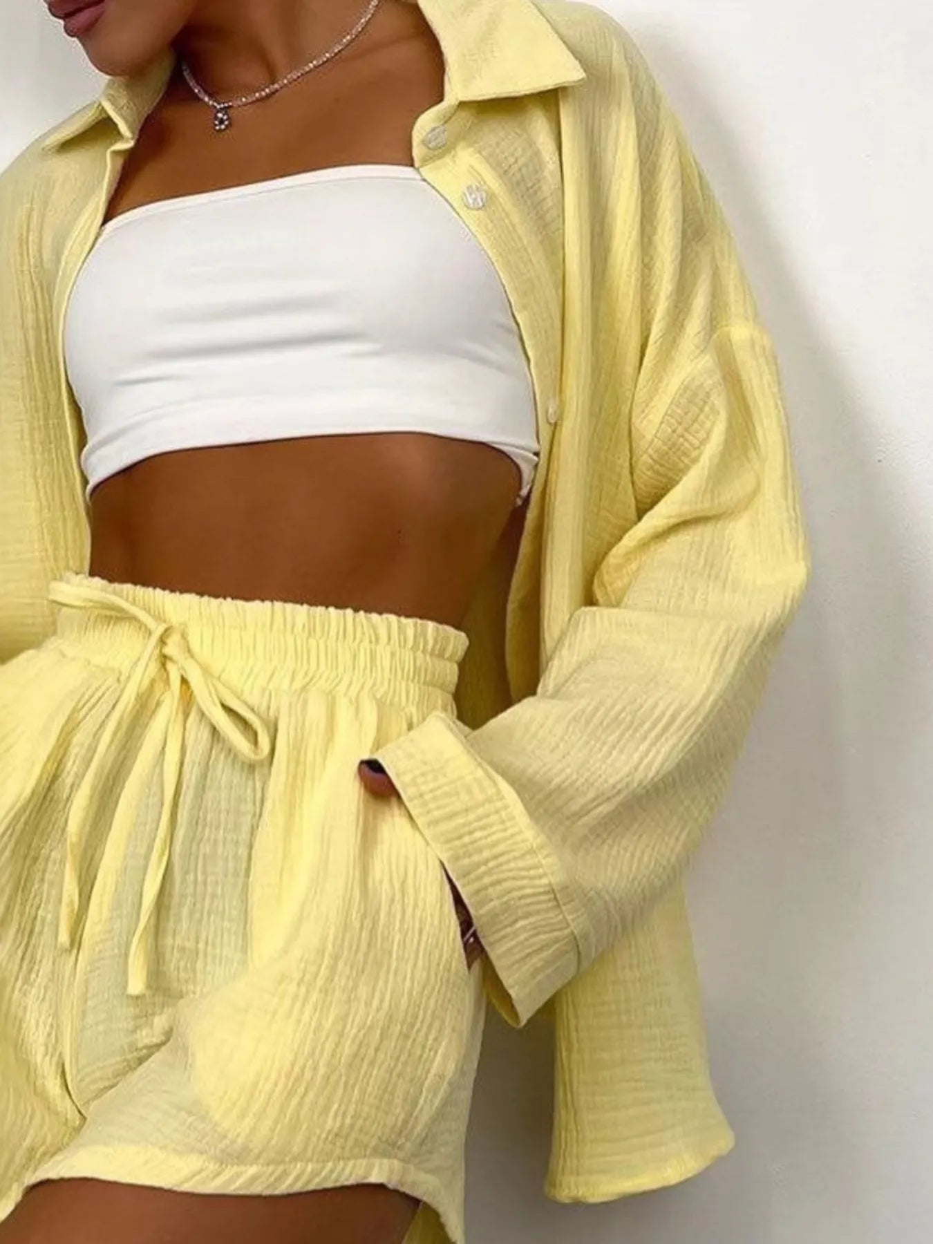 Texture Button Up Shirt and Shorts Set | Outfit Sets Top and Shorts Set from PHUNKYN