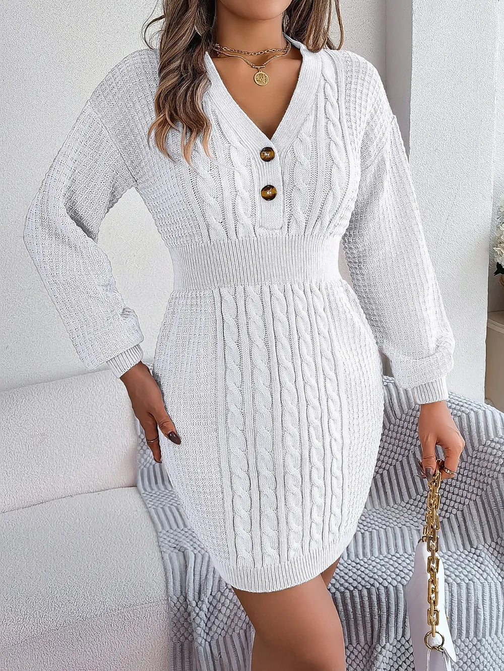 Buttoned Cable-Knit V-Neck Sweater Dress | Dresses Sweater Dress from PHUNKYN