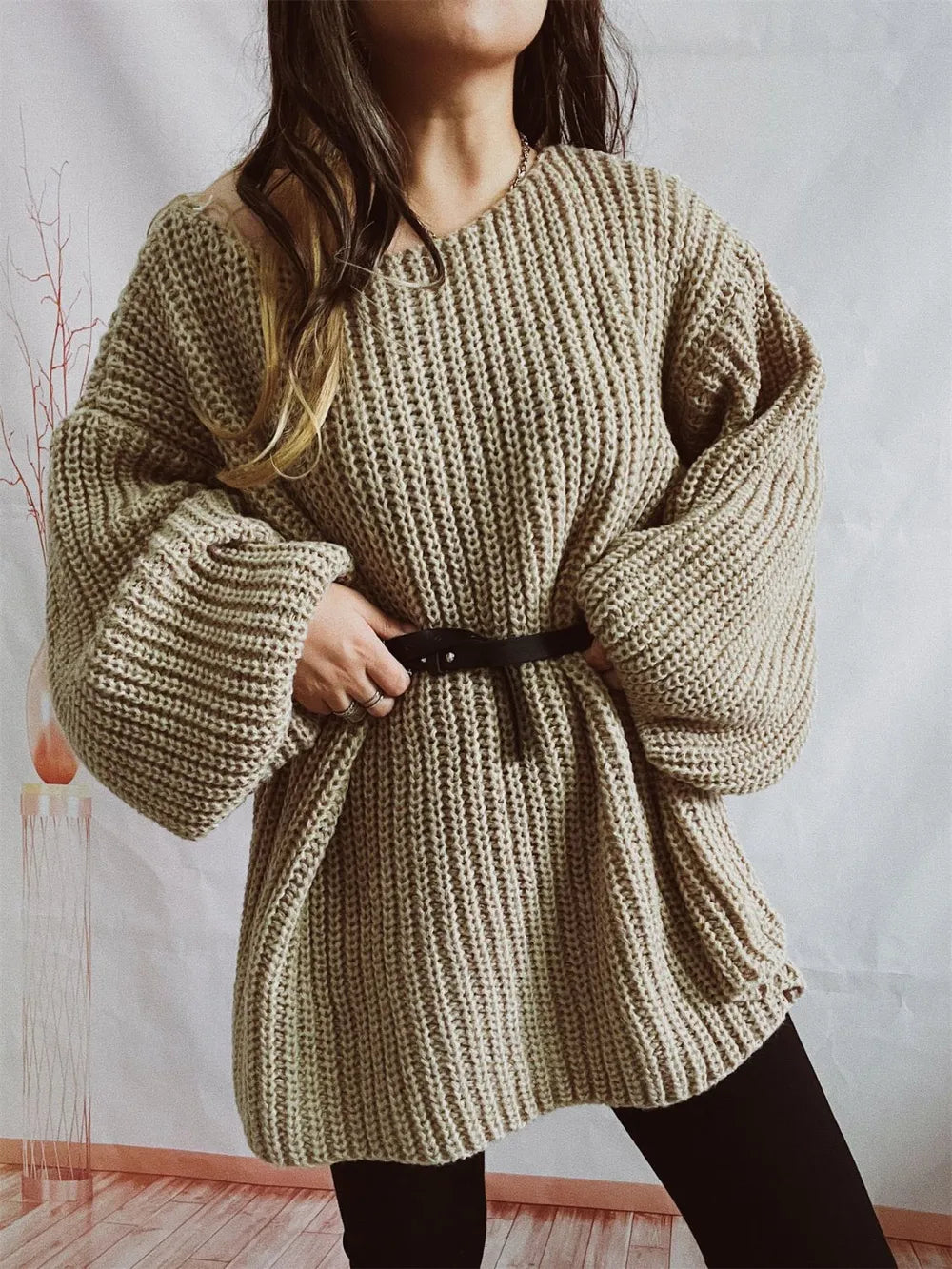 Boat Neck Long Sleeve Sweater with Belt | Sweaters Sweater from PHUNKYN
