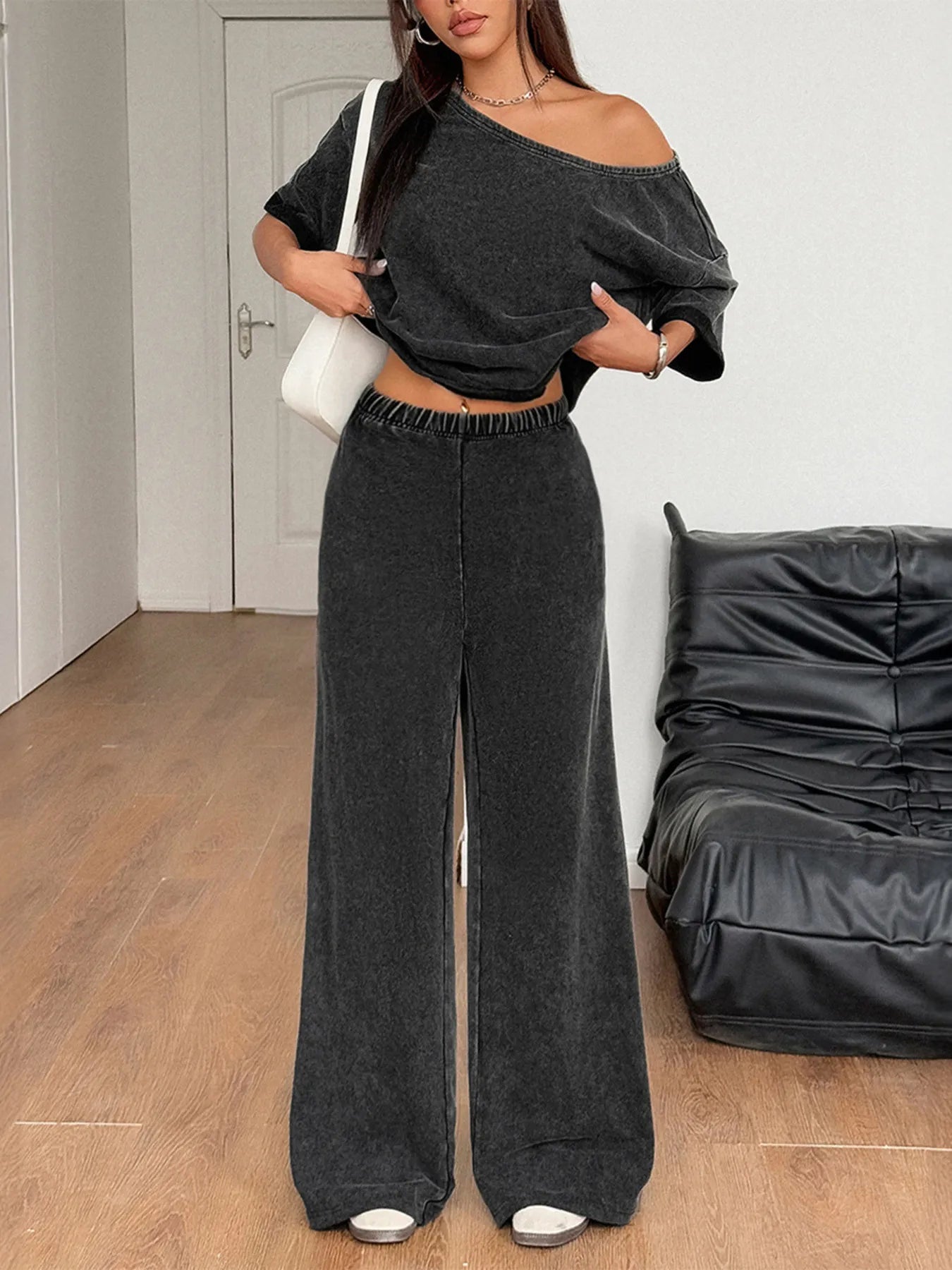Boat Neck Top and Wide Leg Pants Set | Outfit Sets Top and Pants Set from PHUNKYN