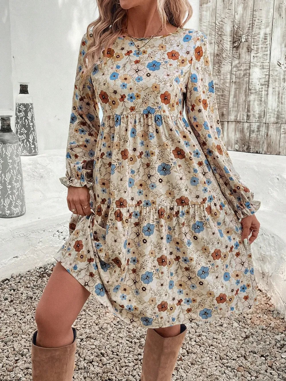 Tiered Floral Round Neck Long Sleeve Dress | Dresses Dress from PHUNKYN