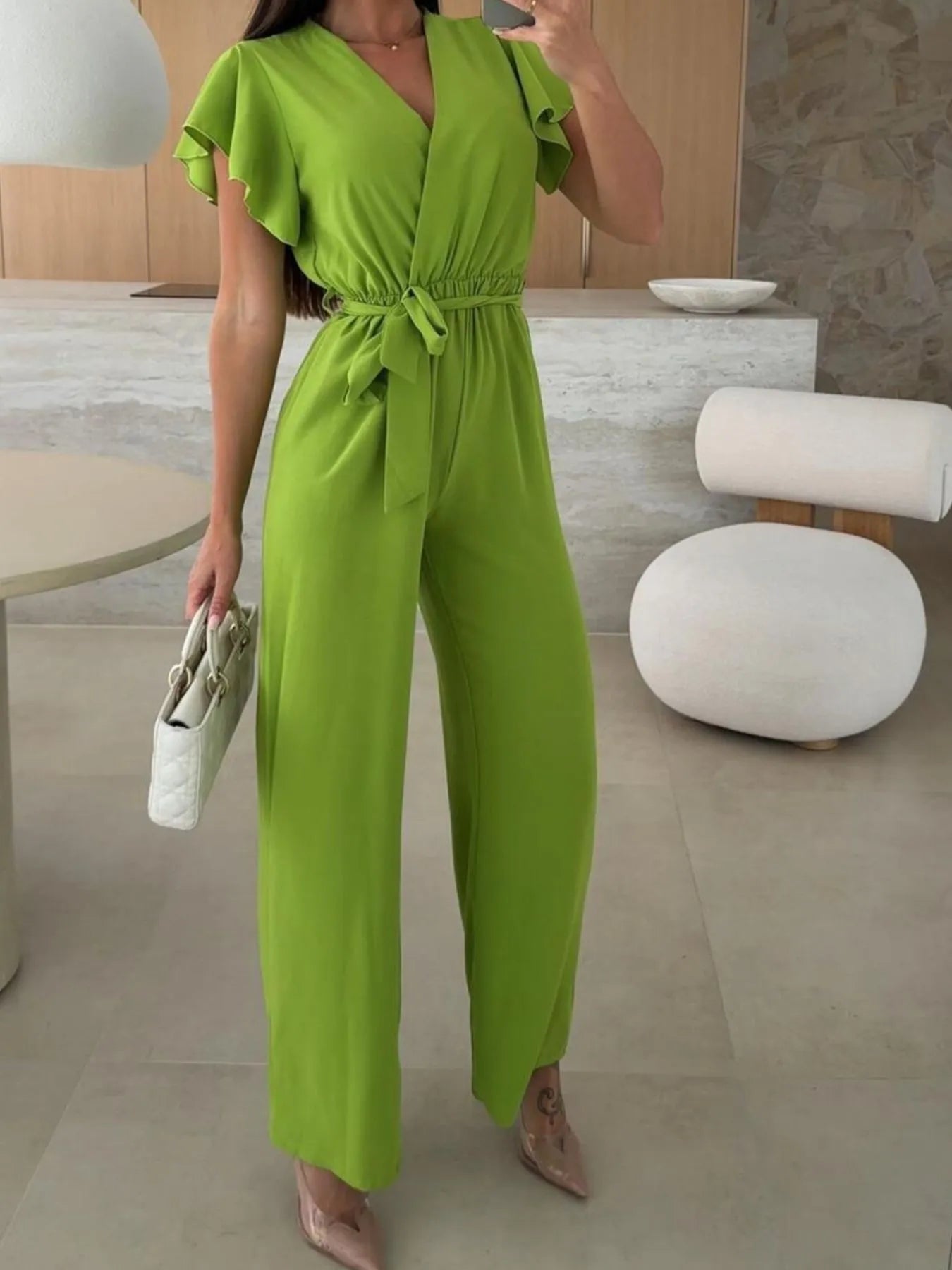 Surplice Wide Leg Belted Jumpsuit One-Pieces Jumpsuit PHUNKYN
