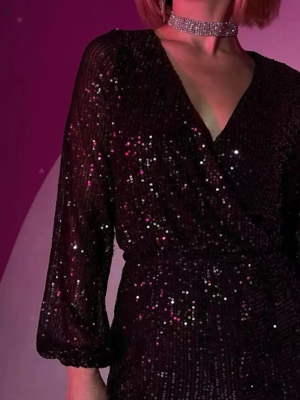 Full Size Sequin Surplice Tie Waist Long Sleeve Romper | Dresses Romper from PHUNKYN