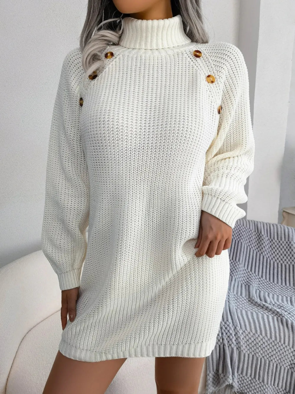 Decorative Button Turtleneck Sweater Dress | Dresses Sweater Dress from PHUNKYN